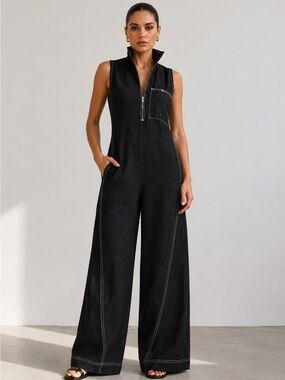 Black Cotton Linen Bohemian Contrast Stitch Wide Leg Jumpsuit Women Chic